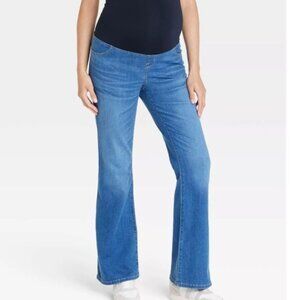 Over Belly High-Rise Denim Flare Maternity Pants, Size 2